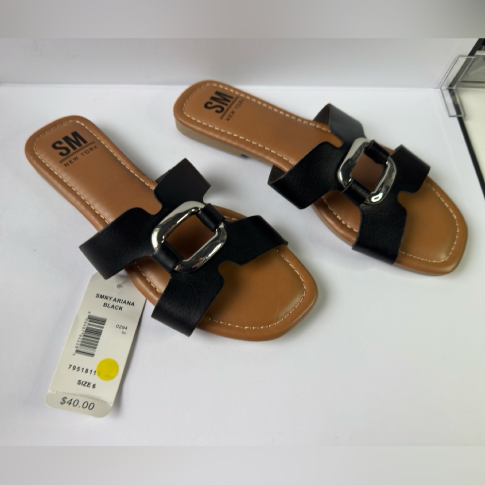 Black Bow Buckle Flat Sandals Size 6 SM New York Slip-On Summer Slides NWT